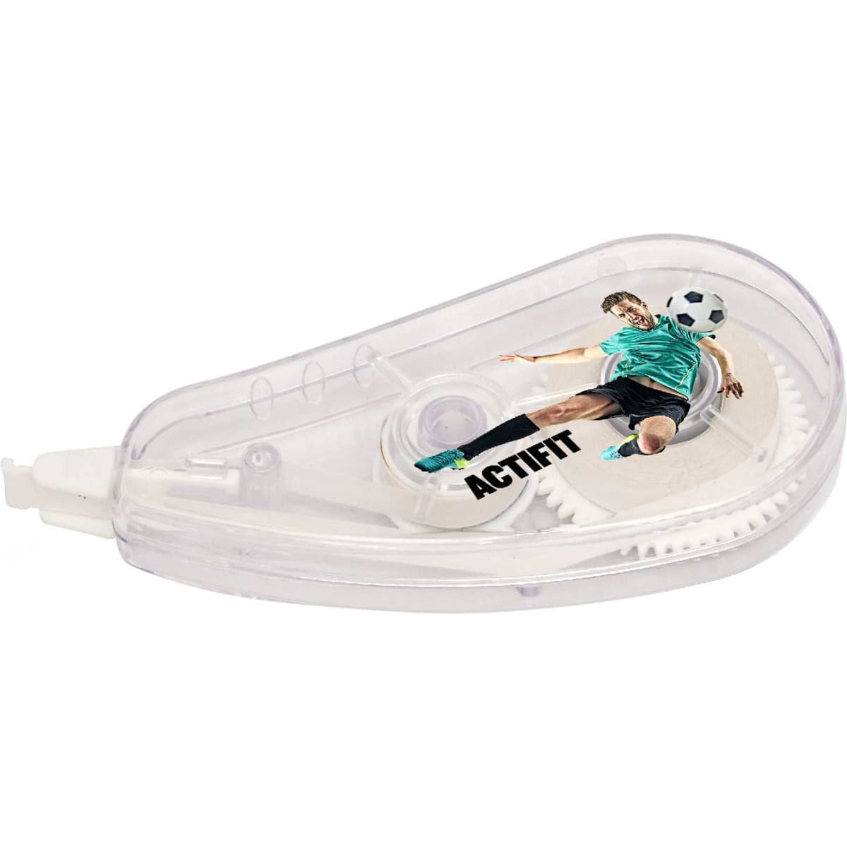 A translucent correction tape dispenser featuring a footballer graphic in a green jersey and black shorts.