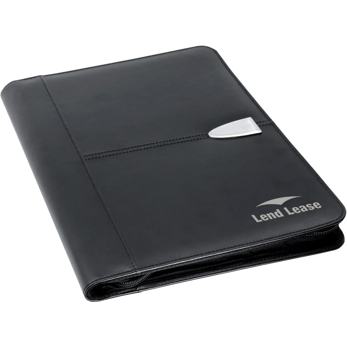 A black leather zip portfolio featuring a silver closure and branding on the front. Suitable for office use.