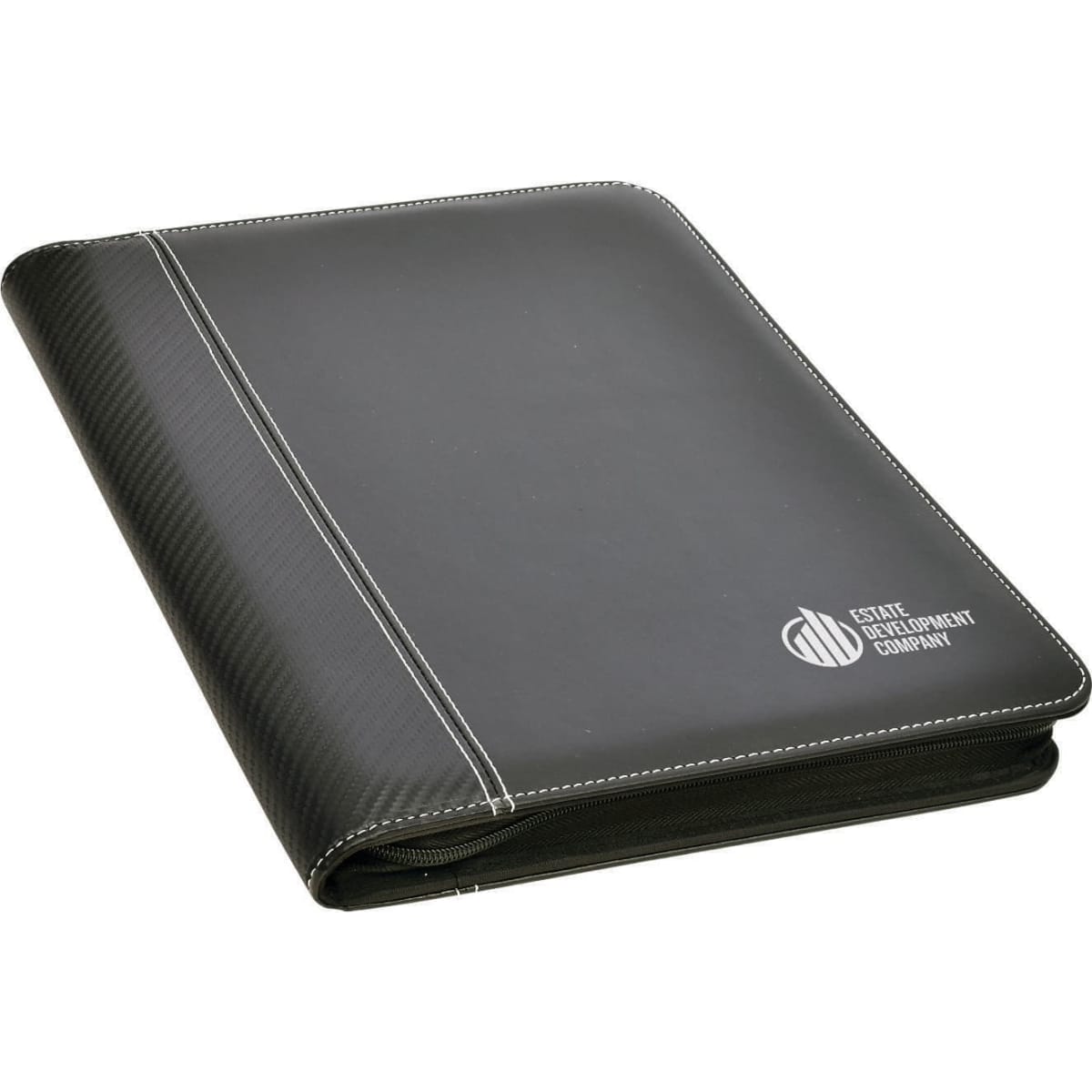 A black A4 zip portfolio with a textured finish and a logo on the front.