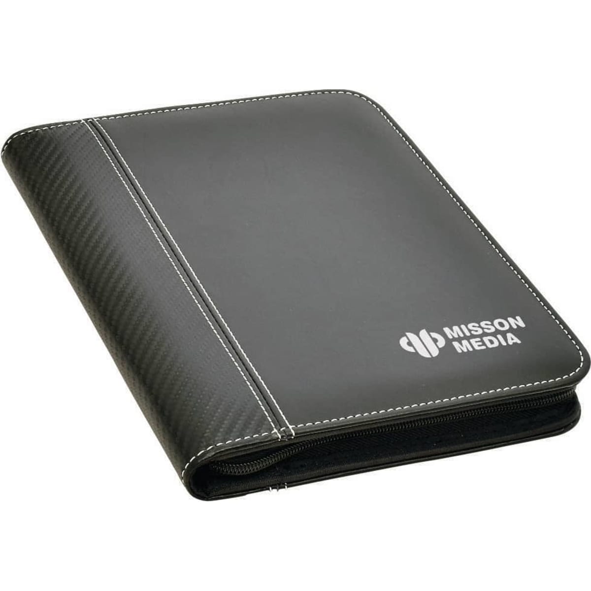 A black A5 zip portfolio with a textured finish and a logo on the front, featuring white stitching.