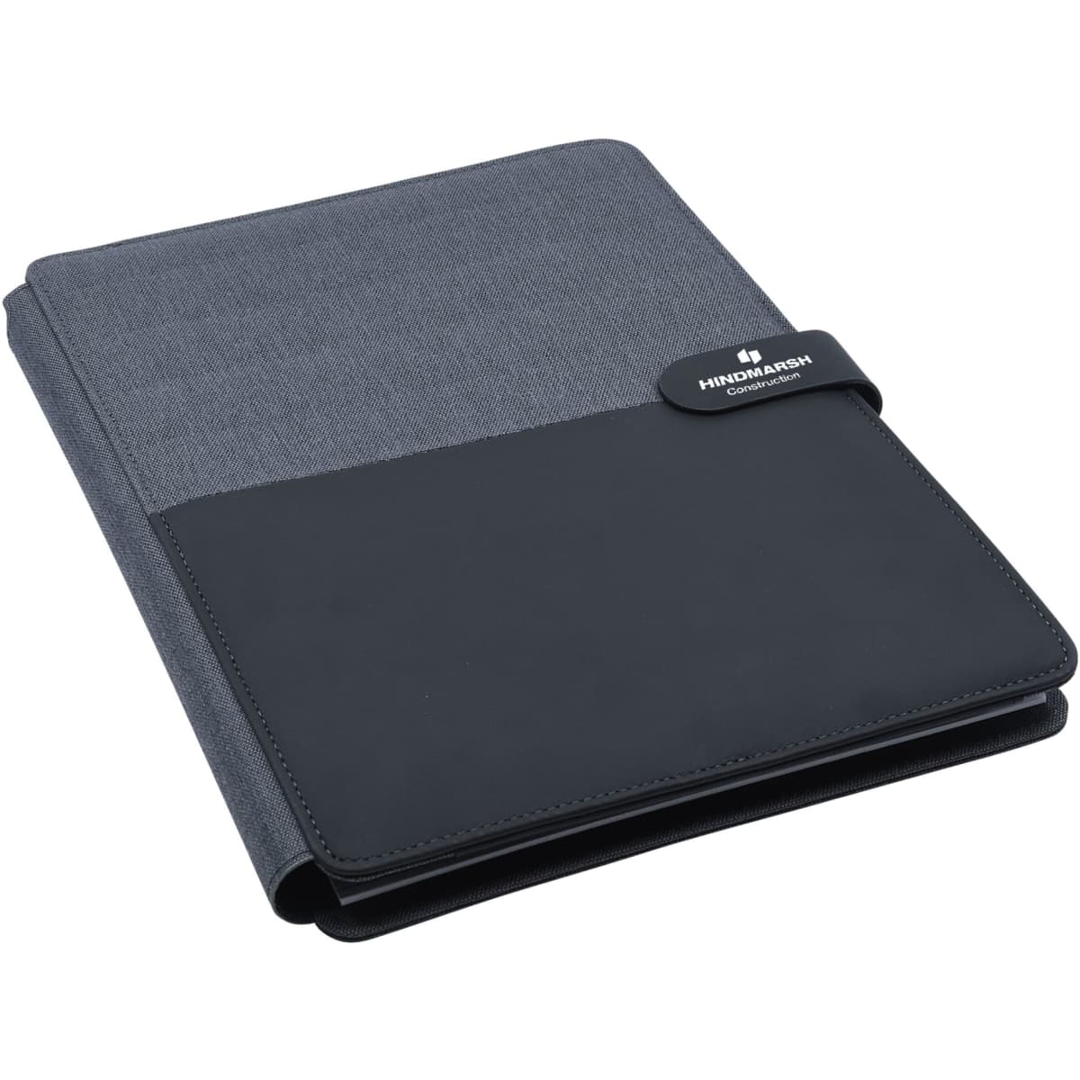 A portfolio in black and charcoal featuring a textured cover and a clip with branding. Ideal for office use.