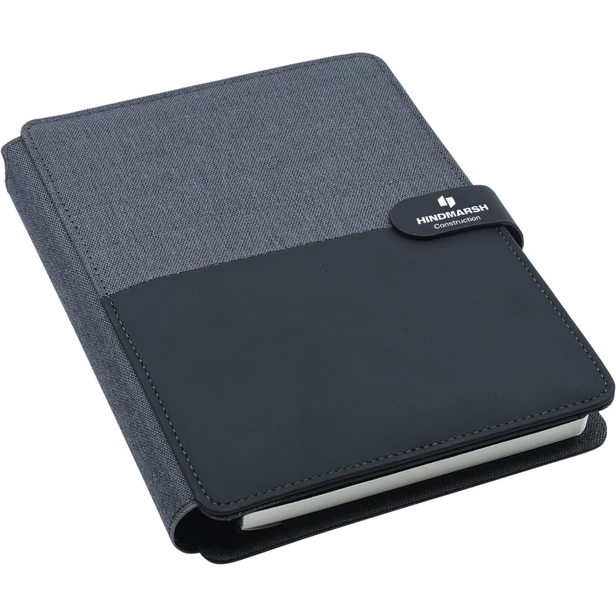 An A5 portfolio in black and charcoal featuring a textured cover and a logo.