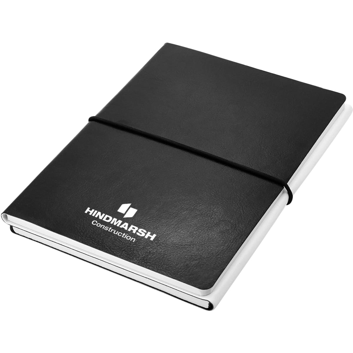 A black and white A5 notebook with a smooth cover and an elastic band, featuring a logo on the front.