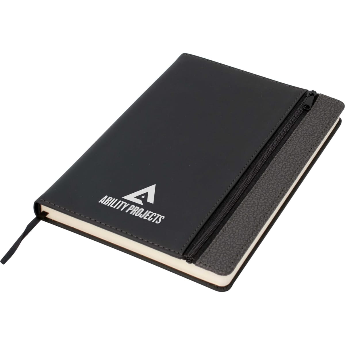 A black A5 notebook with a dark grey trim and a zippered pocket. Features a logo on the cover.