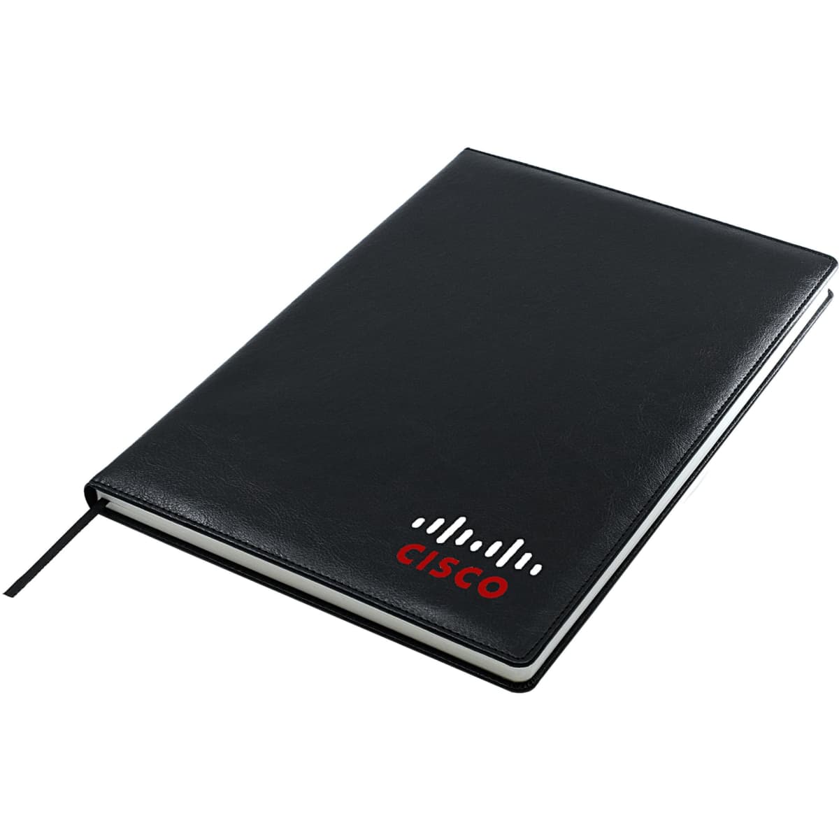 A black A4 notebook with a textured cover and a logo. It features a ribbon marker and is blank inside.