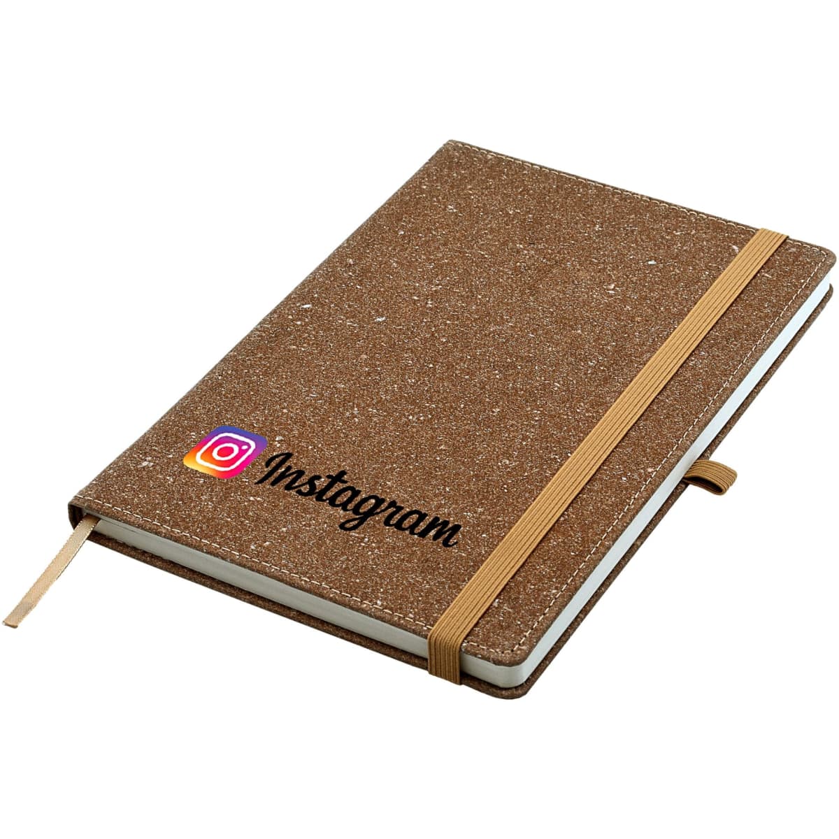 A brown A5 notebook with a textured cover and elastic band, featuring a logo on the front.