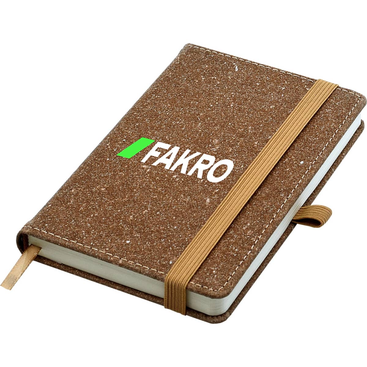 A brown bonded leather A6 notebook with an elastic band closure and a branded logo on the cover.