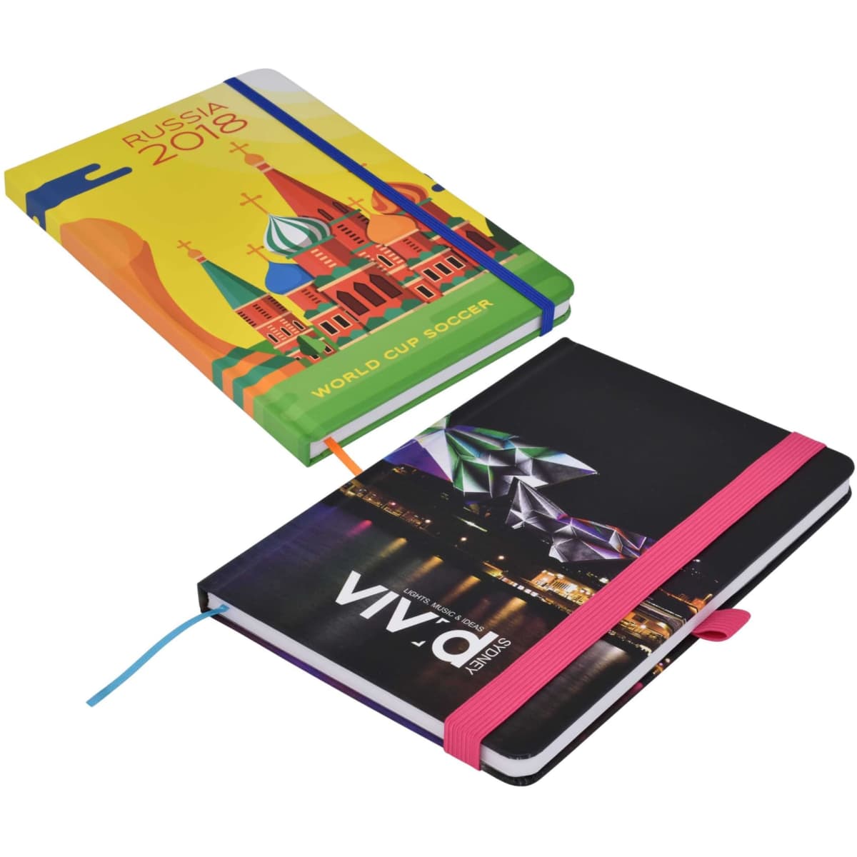 A vibrant, full-colour A5 notebook featuring a design related to Russia 2018 and another with a cityscape, both with elastic bands.