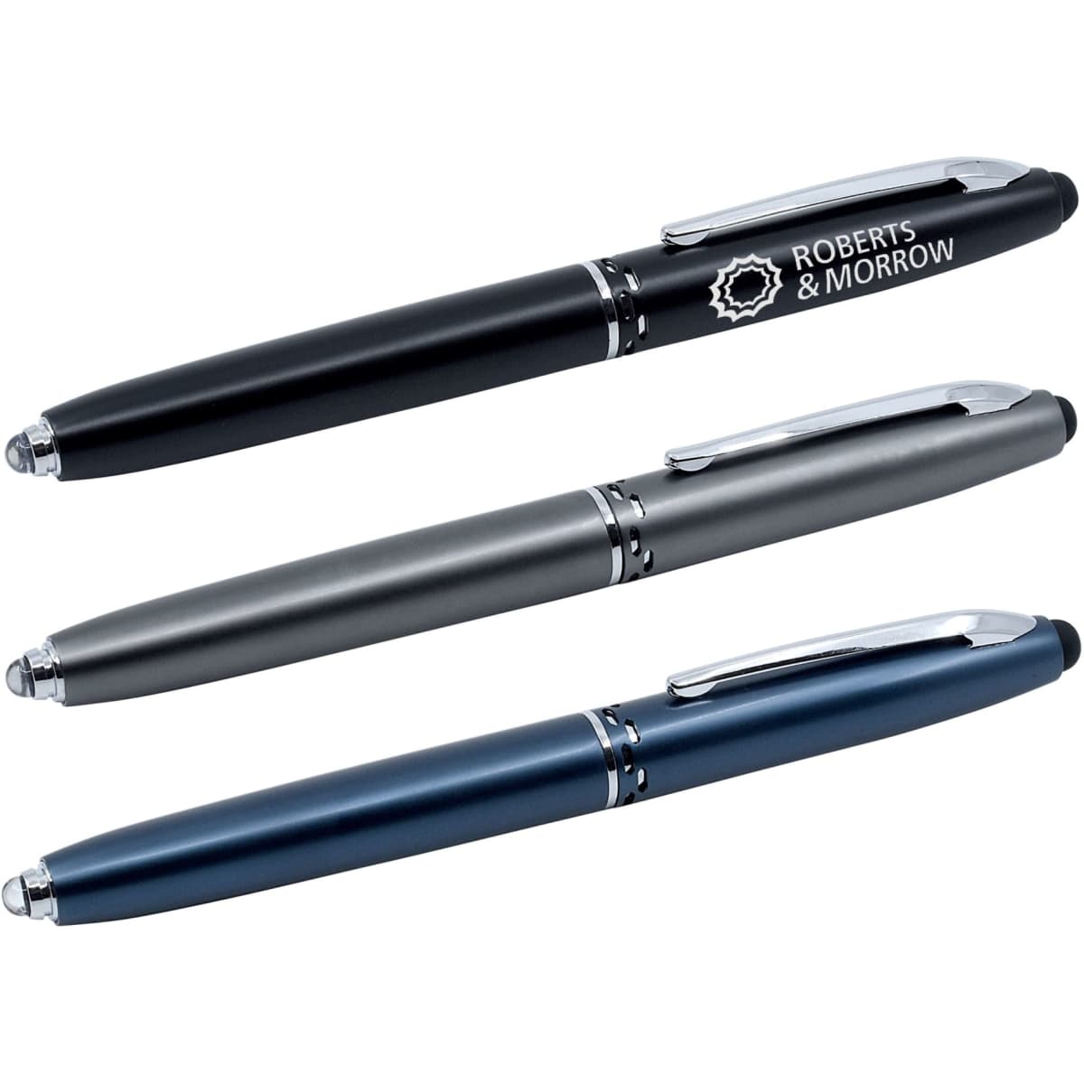 A collection of three stylus pens in black, grey, and navy blue, featuring silver accents and branding.