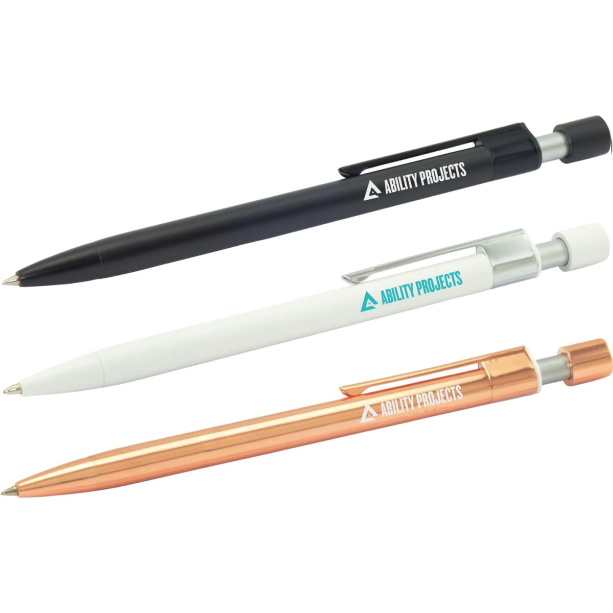 A set of three metal pens in black, white, and rose gold, each featuring a logo.