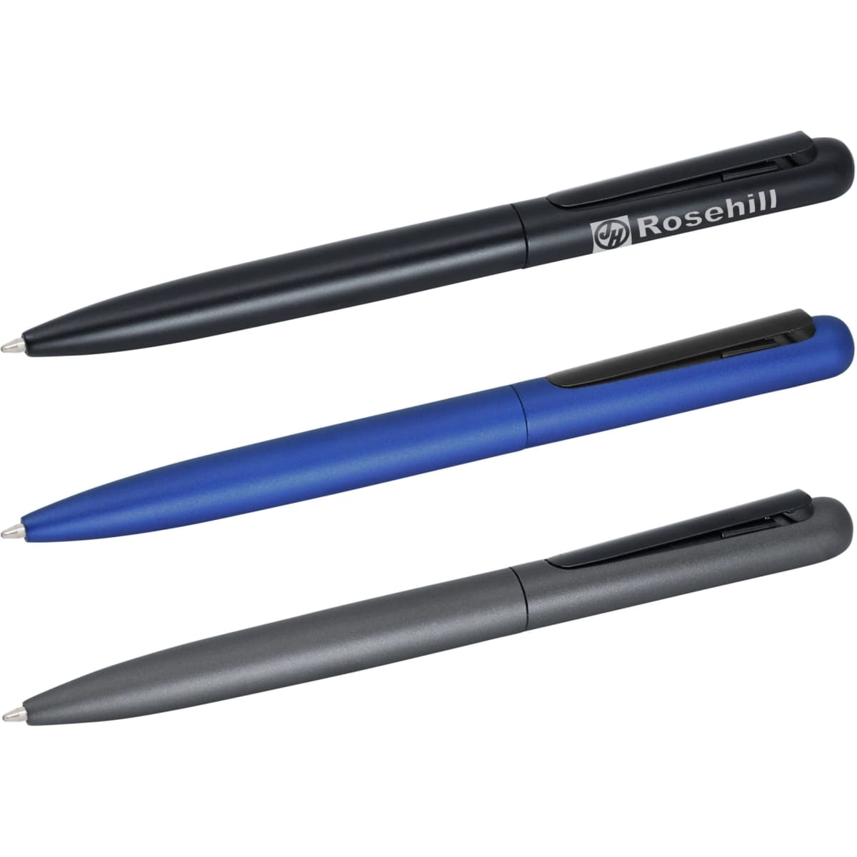 A set of three metal pens in black, blue, and grey, each with a branding logo on the barrel.