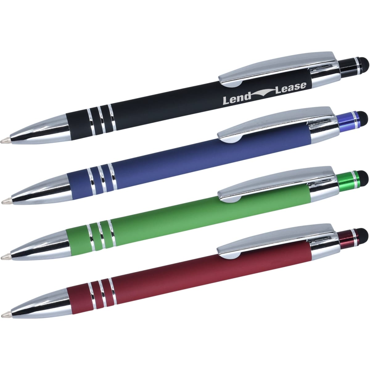 A set of four stylus pens in black, blue, green, and red, each with a shiny silver clip and branding.