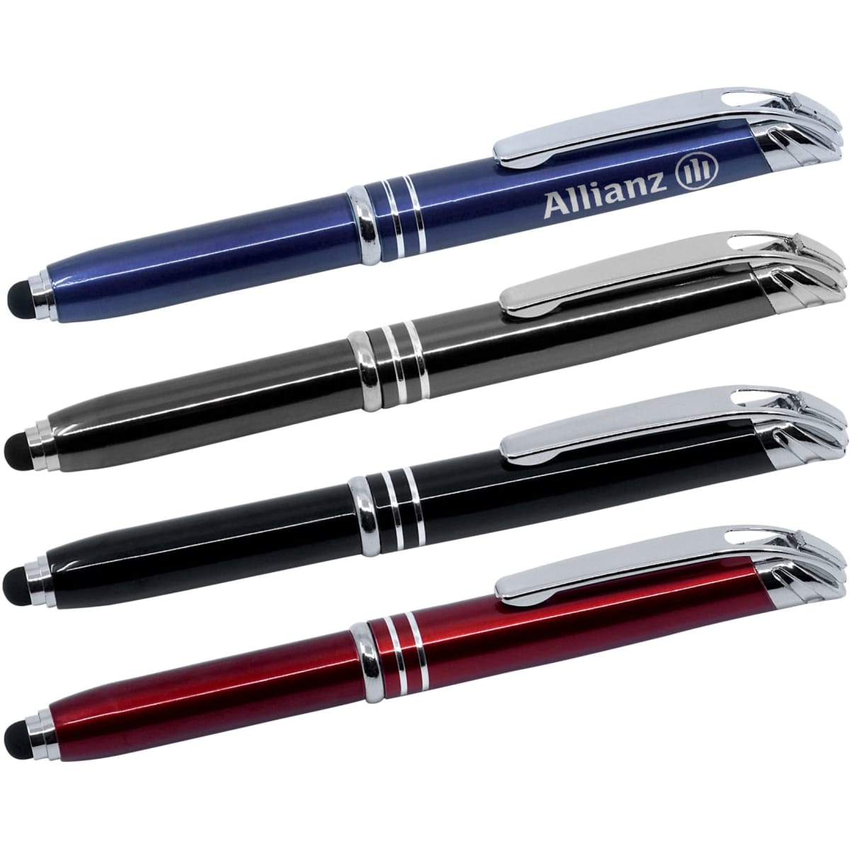 A set of four stylus pens in blue, black, silver, and red, featuring chrome details and a logo.