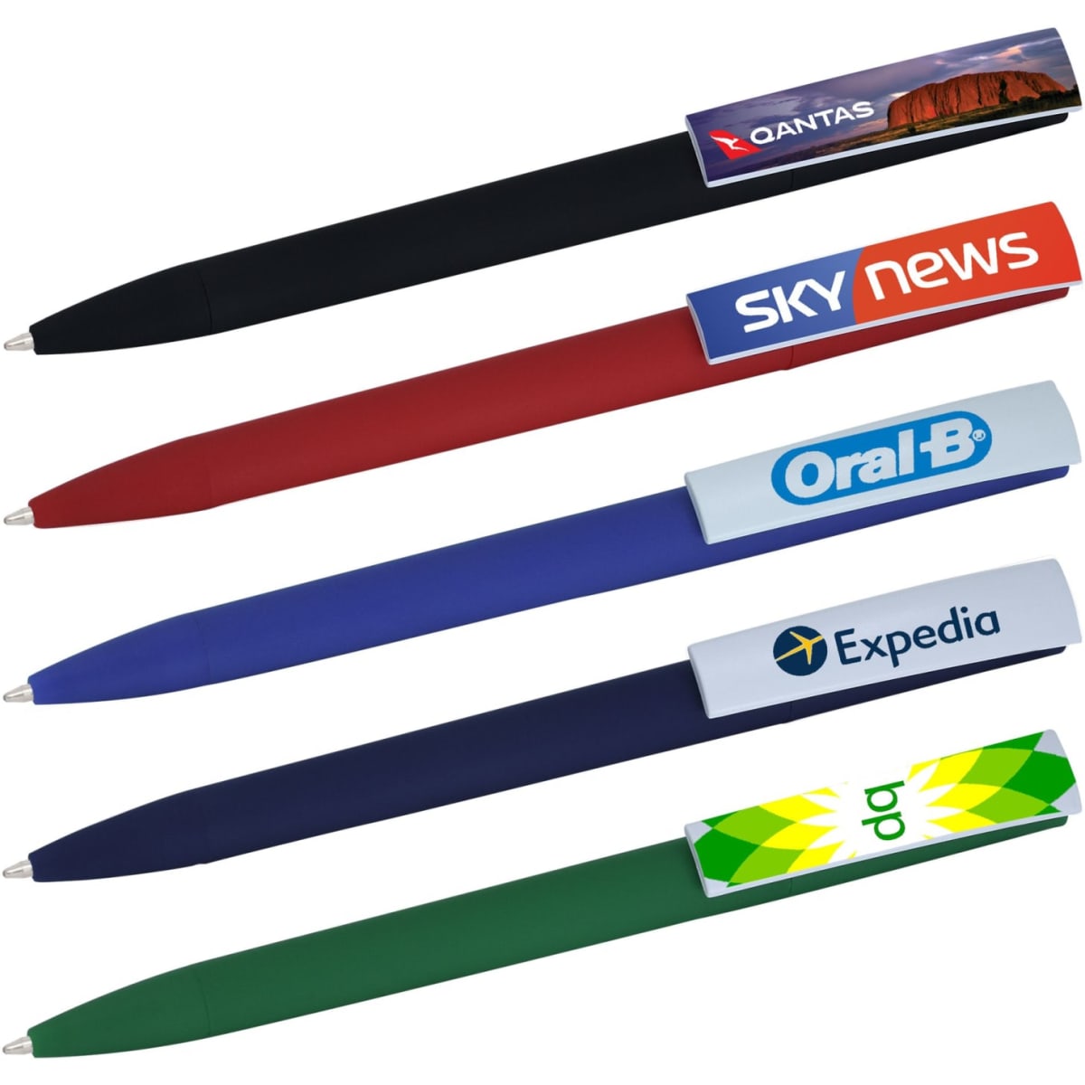 A selection of plastic pens in black, red, blue, and green, featuring various logos and branding on the barrels.