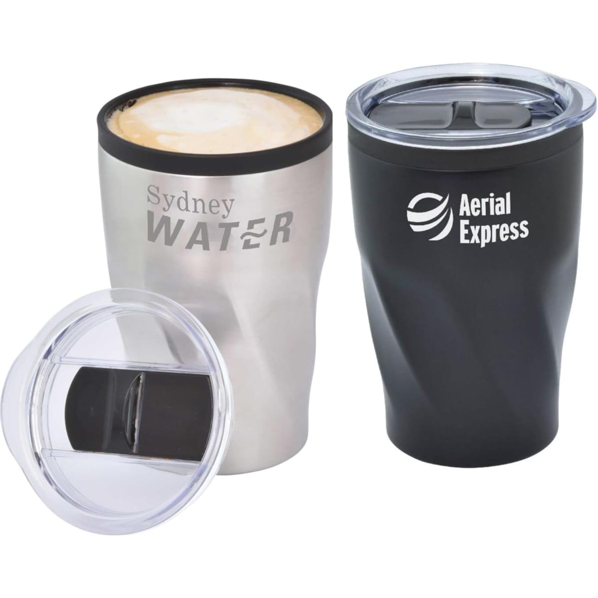A double wall travel mug in silver and black, featuring a clear lid and branding on both sides.