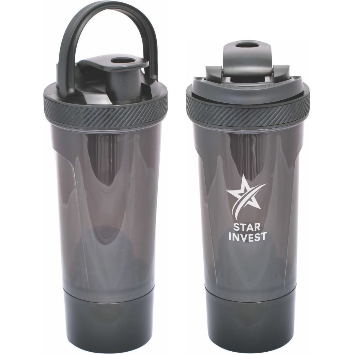 A drink bottle in black with a screw-top lid and a logo, featuring a sleek design suitable for protein shakes.