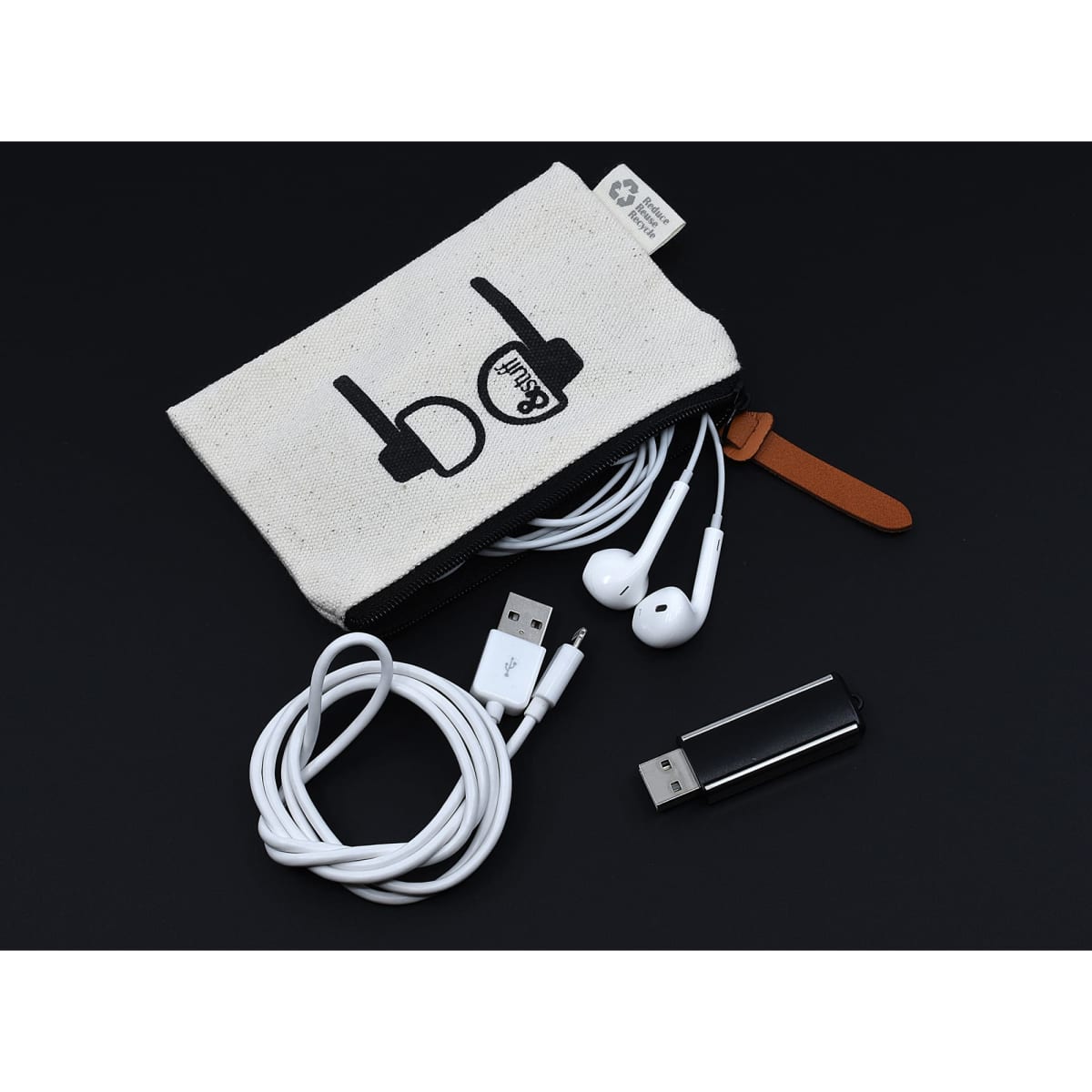 A calico earphone pouch with black graphics, containing white earphones, USB cables, and a USB drive.