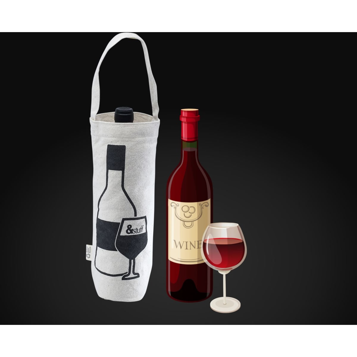 A calico wine bag in natural colour, featuring a logo, alongside a wine bottle and a glass of red wine.