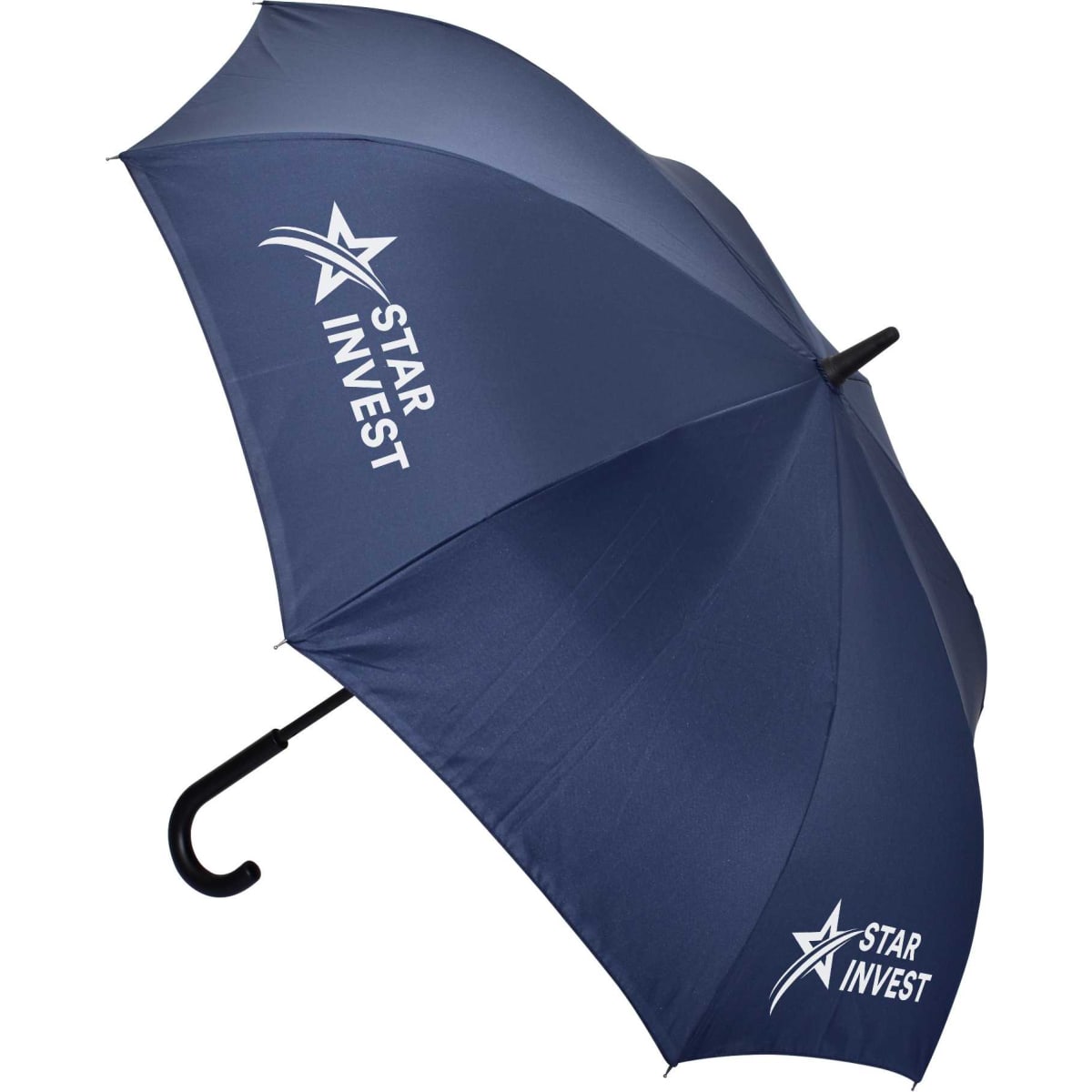 A navy blue umbrella featuring a J handle and a logo on the canopy.