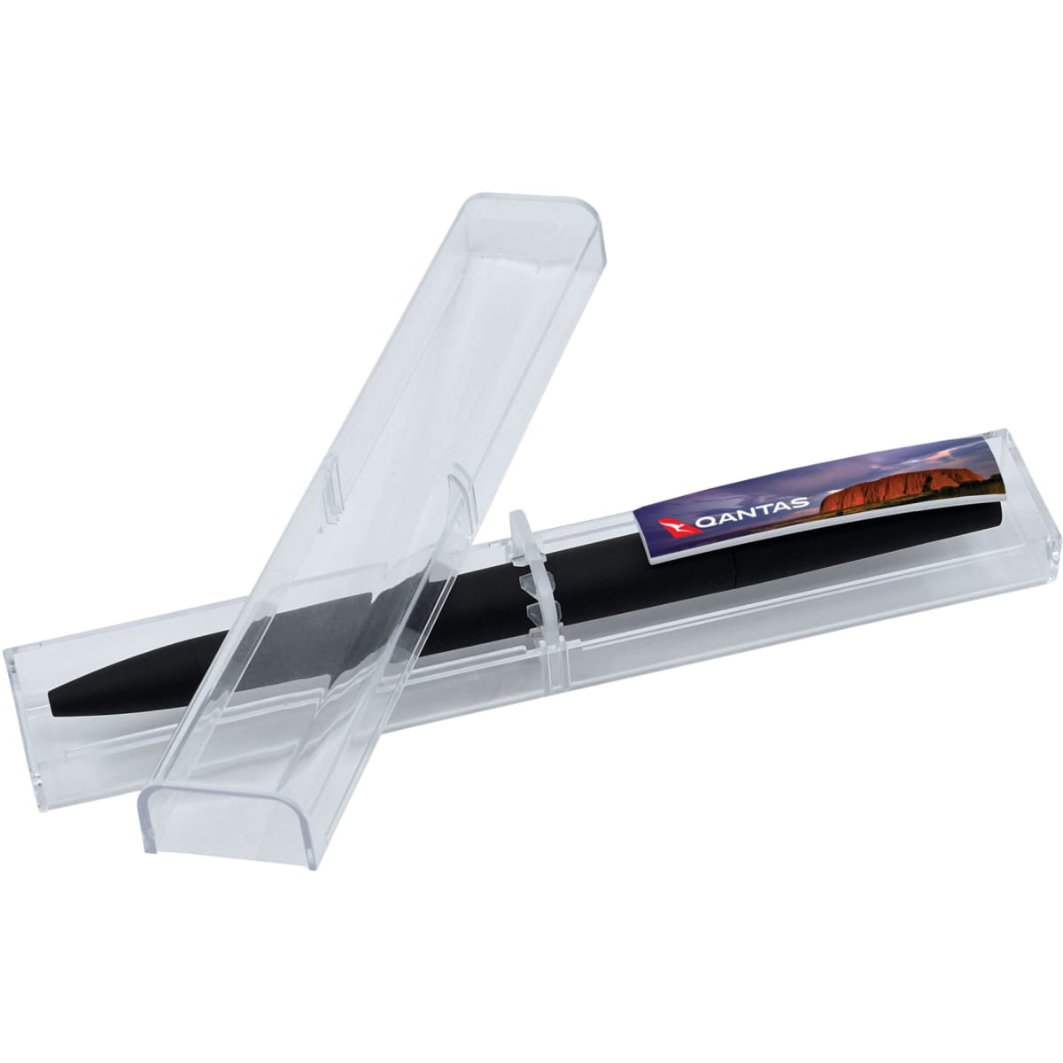 A transparent pen display box containing a black pen and featuring a logo.