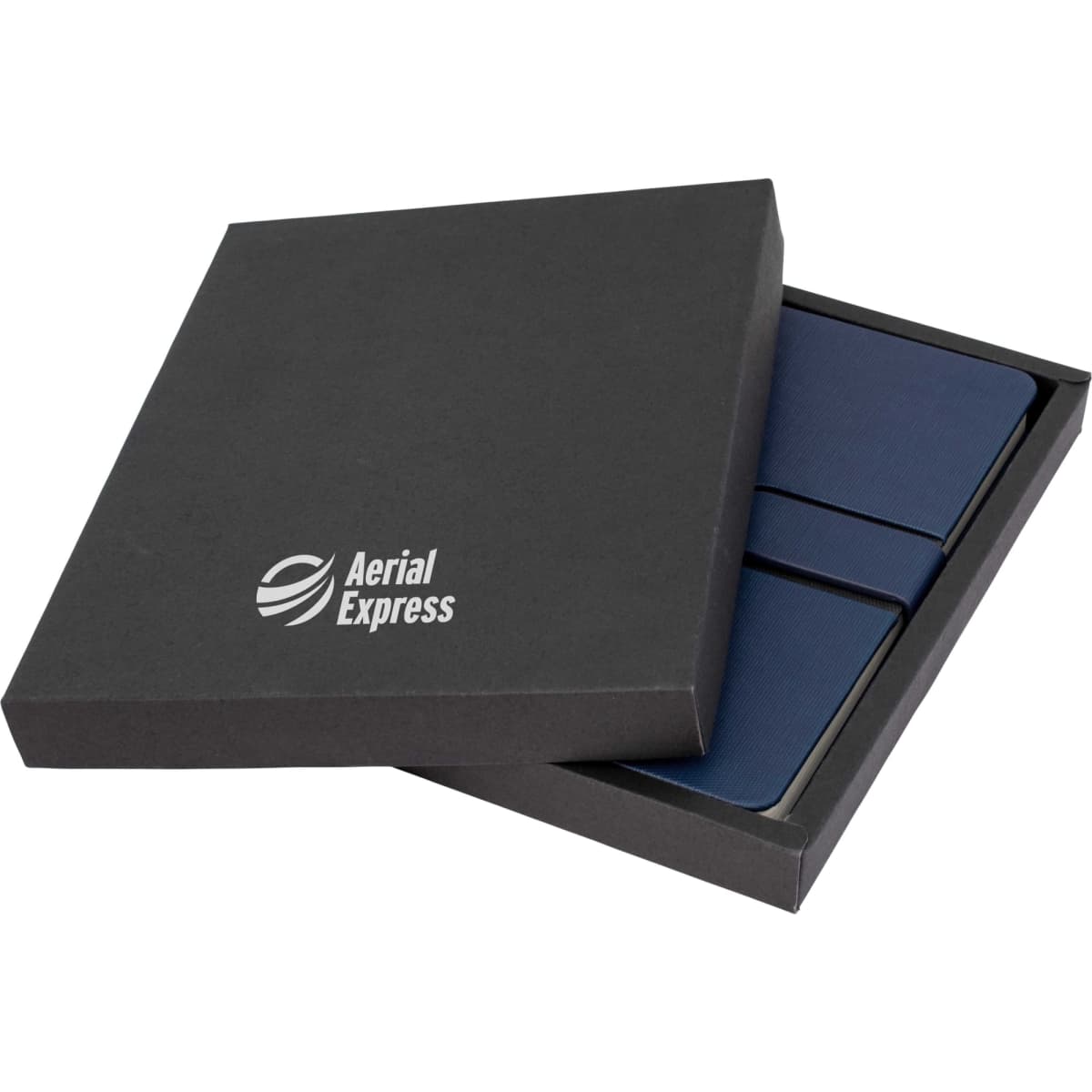 A gift box containing two navy A5 notebooks, presented in a sleek black packaging with a logo.