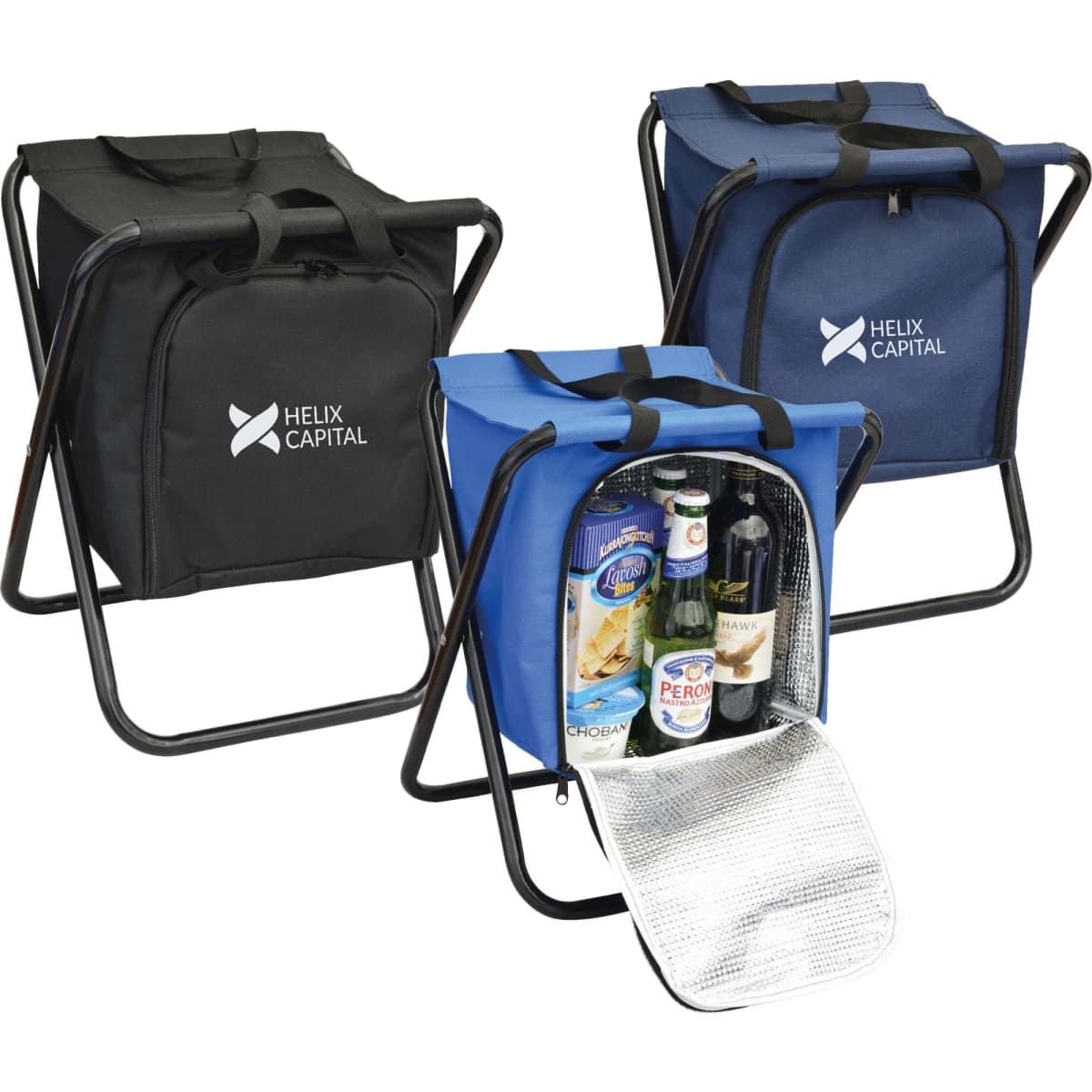 A drink bottle cooler seat in black and blue, featuring an interior compartment with drinks and a reflective flap.