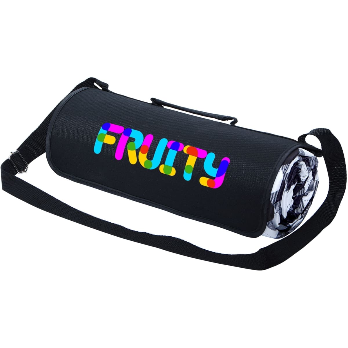 A black picnic rug rolled up with a colourful logo and an adjustable strap for easy carrying.