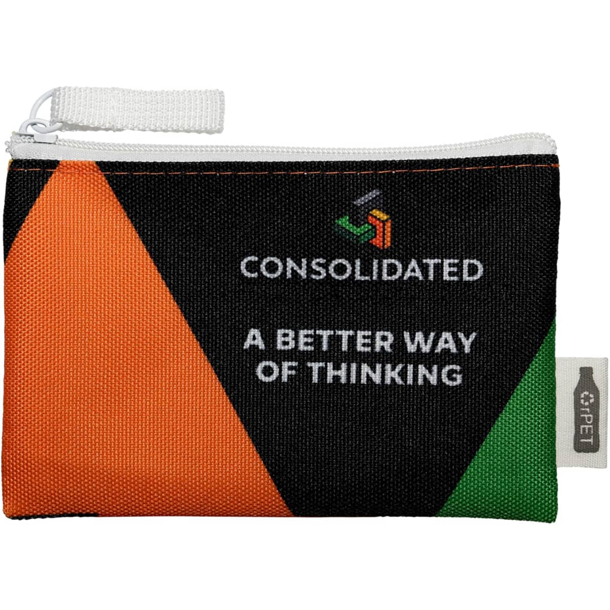 A compact pouch in black, orange, and green with a zip closure and a logo. Made from rPET material.