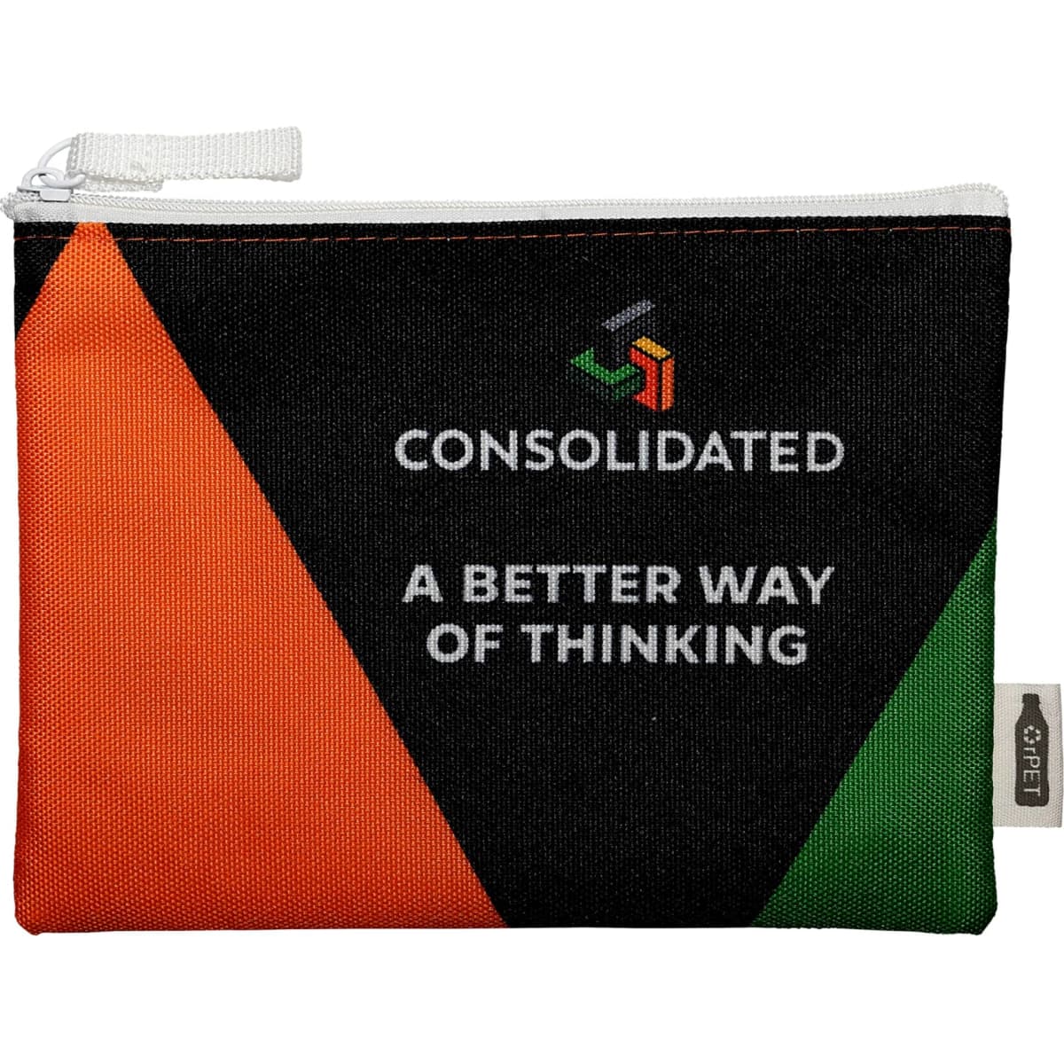 A toiletry pouch featuring a bold geometric design in black, orange, and green, with a zipper and branding logo.