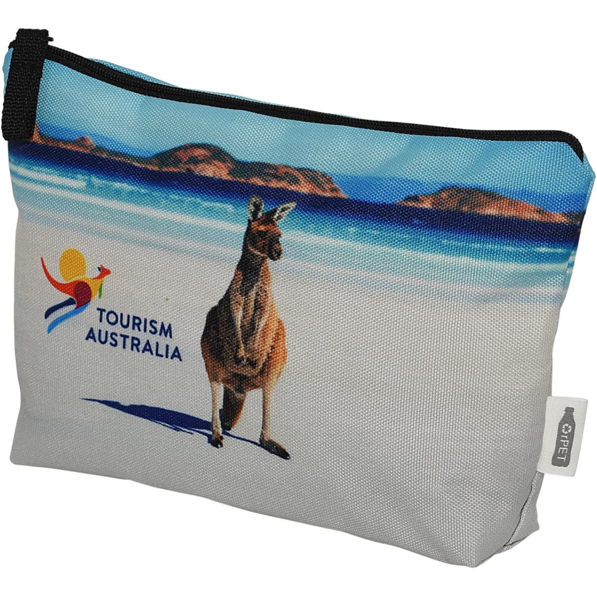 A toiletry/makeup bag featuring a kangaroo and beach scene, with a zipper closure and a logo. Predominantly in white and blue.