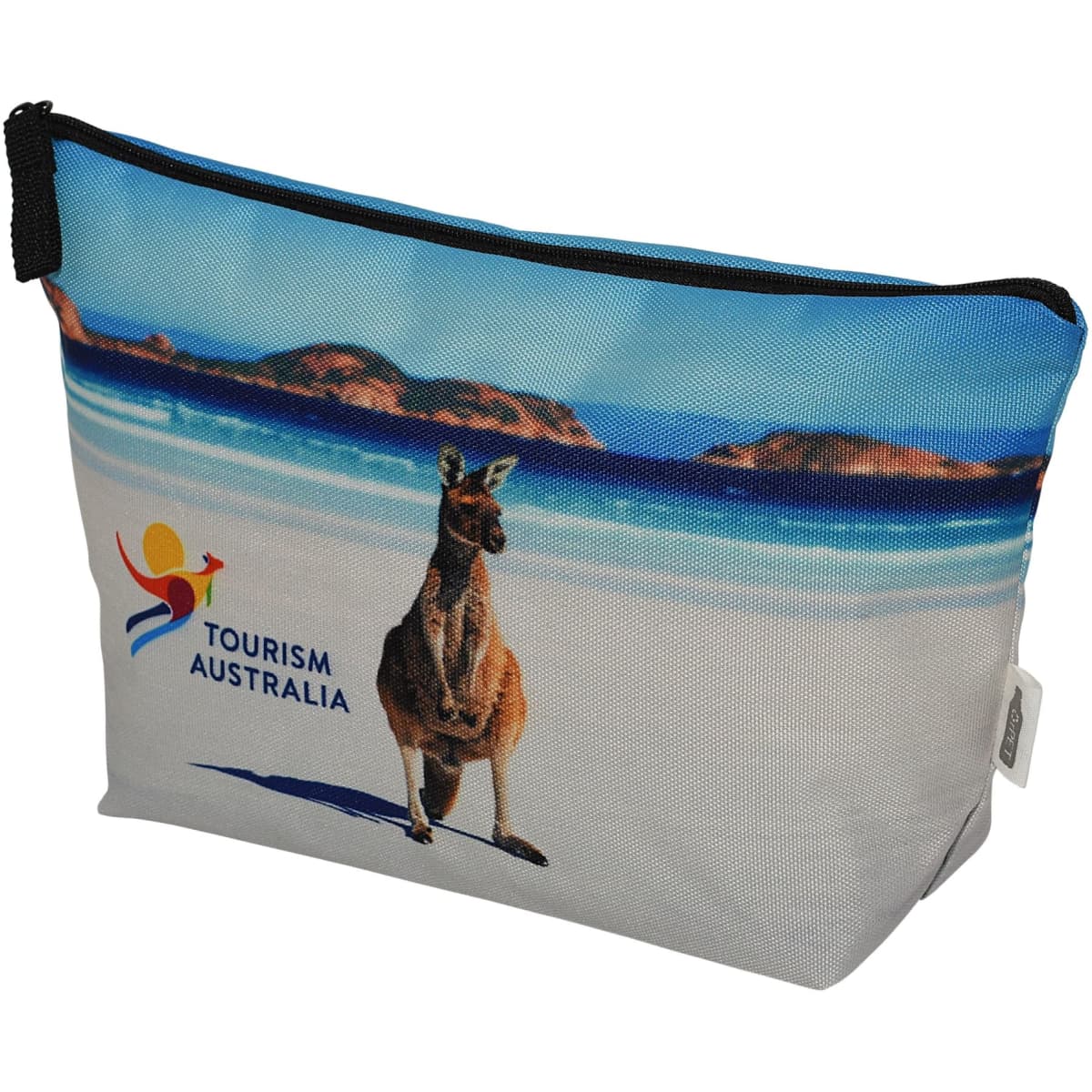 A toiletry bag featuring a kangaroo on a beach backdrop, with a blue and white colour scheme and a logo.