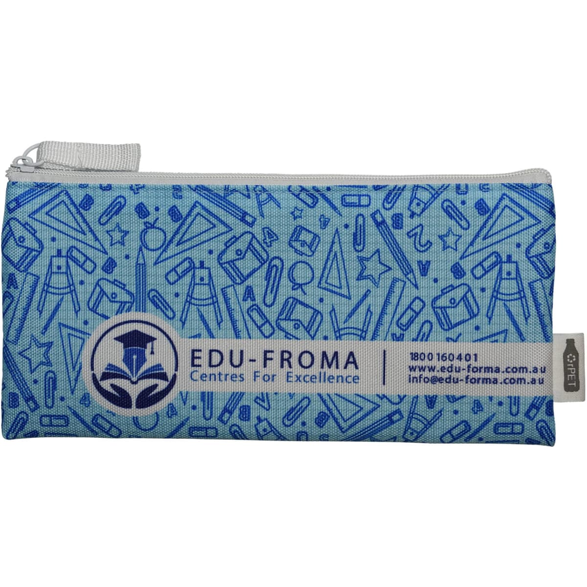 A blue pencil case featuring various office supplies illustrations and a logo, with a zip closure.
