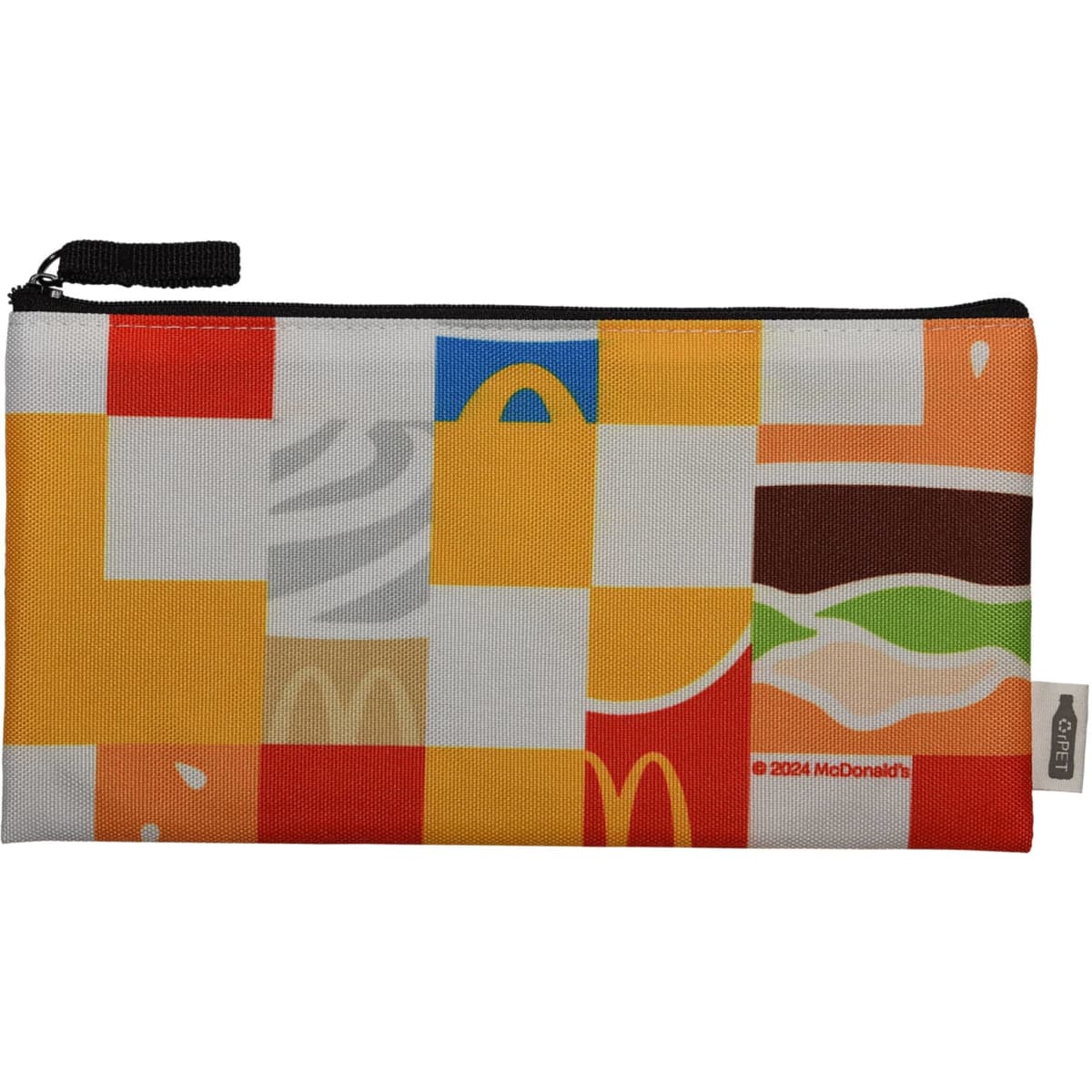 A colourful pouch featuring various block patterns, including iconic food motifs and a logo, with a black zipper.
