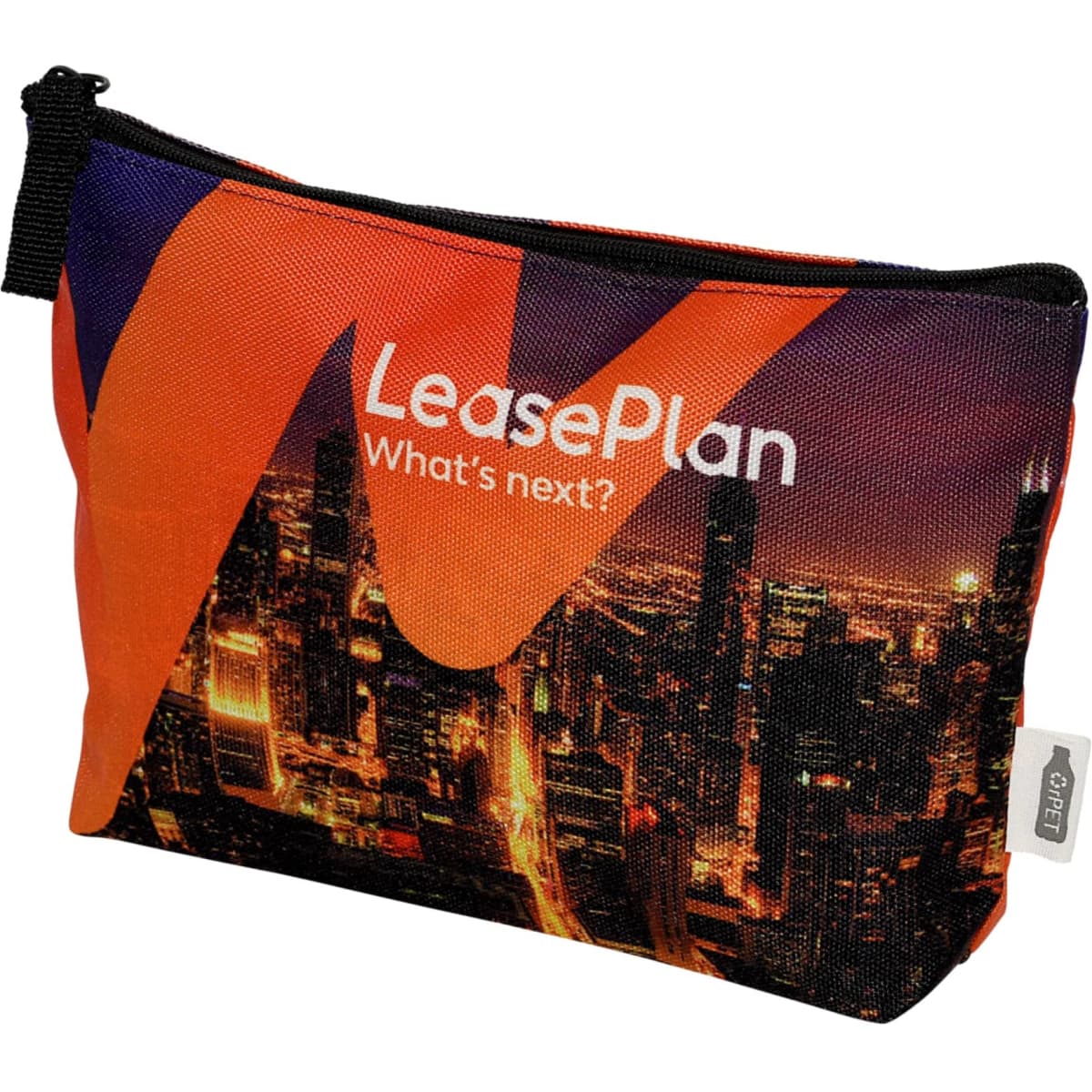A vibrant orange and black toiletry pouch featuring a city skyline design and a branded logo.