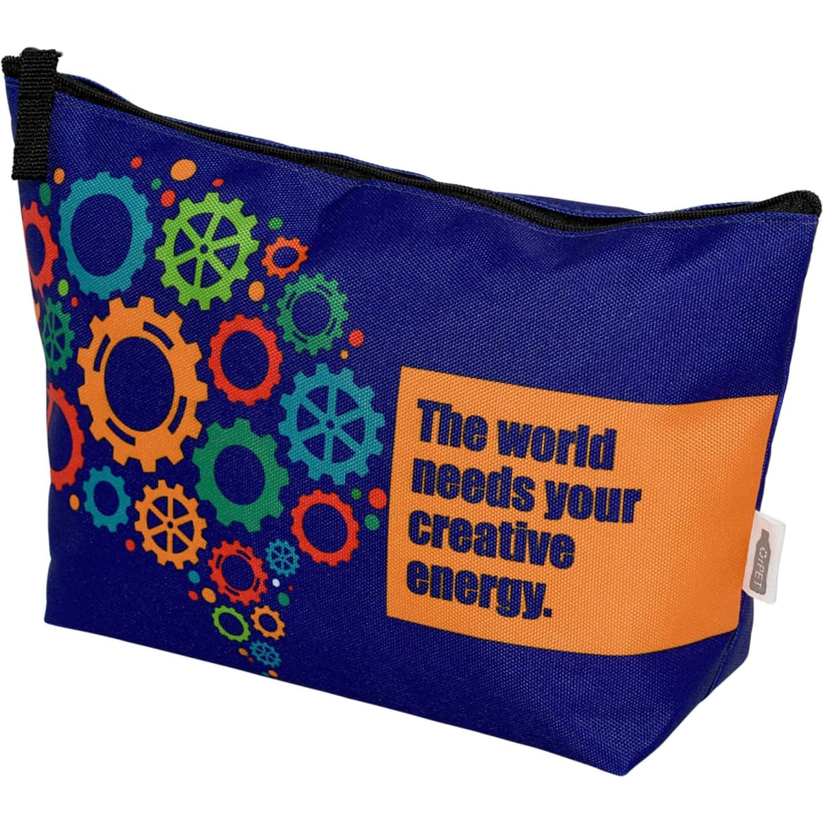 A blue pouch featuring colourful gear designs and a vibrant orange section. It has a zip closure and a logo.