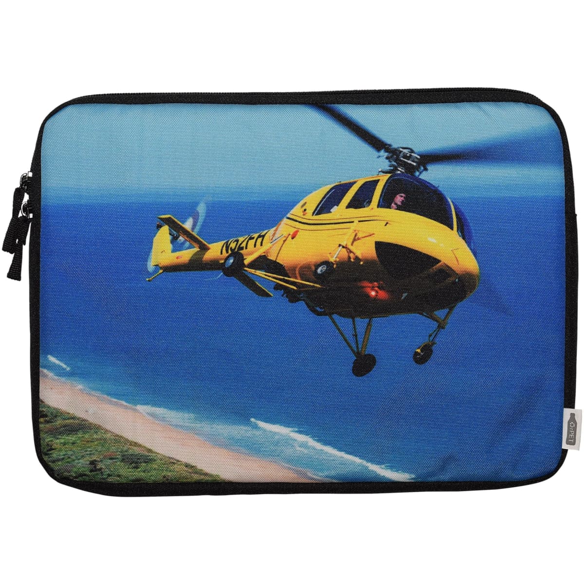 A vibrant laptop sleeve featuring a yellow helicopter flying over a coastal scene, with a black zipper.