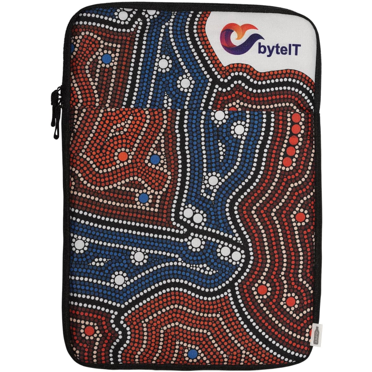 A laptop sleeve featuring a vibrant Aboriginal dot art pattern in red, blue, and black, with a branding logo.
