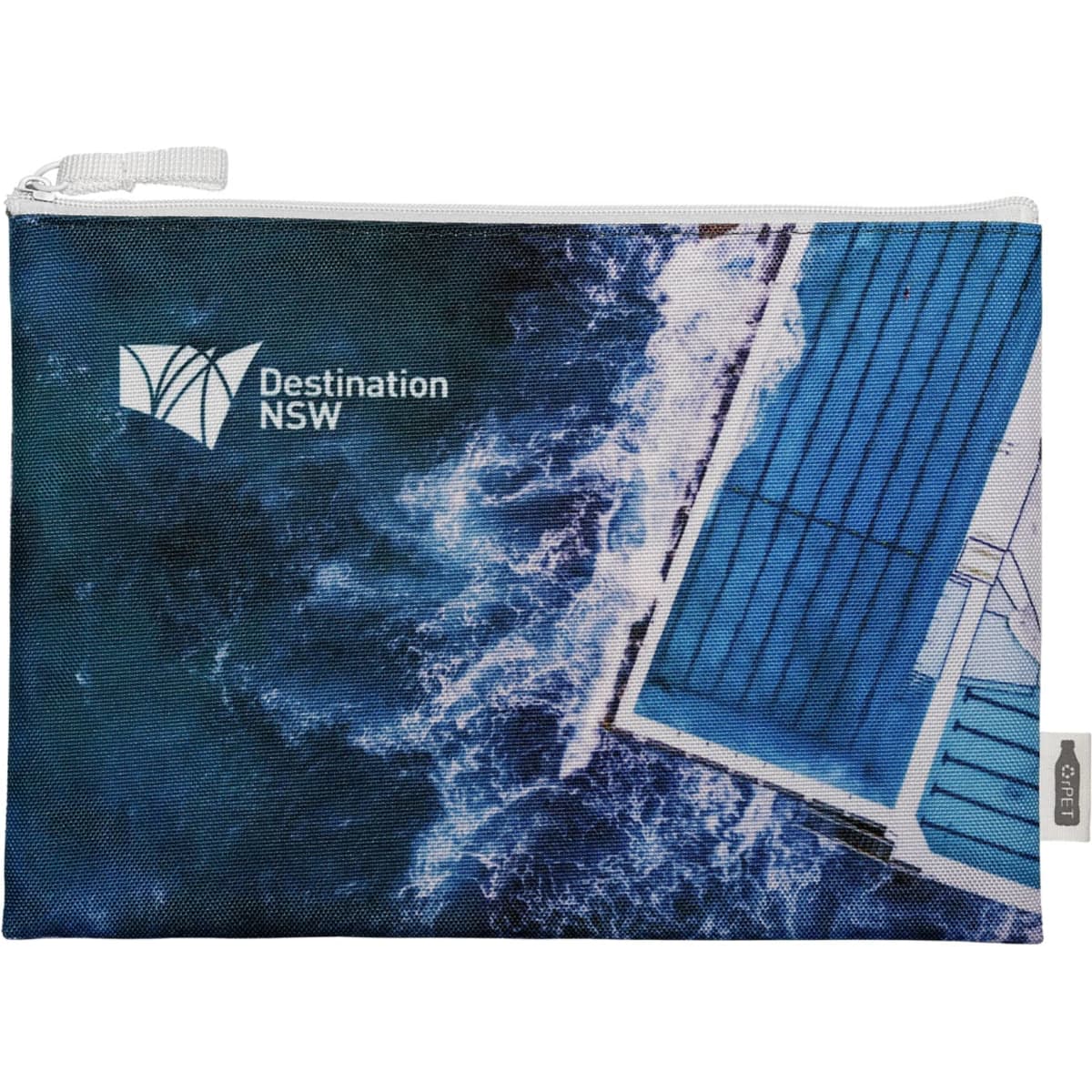 A zipped pouch featuring a design of water and blue accents, with a logo on one side.