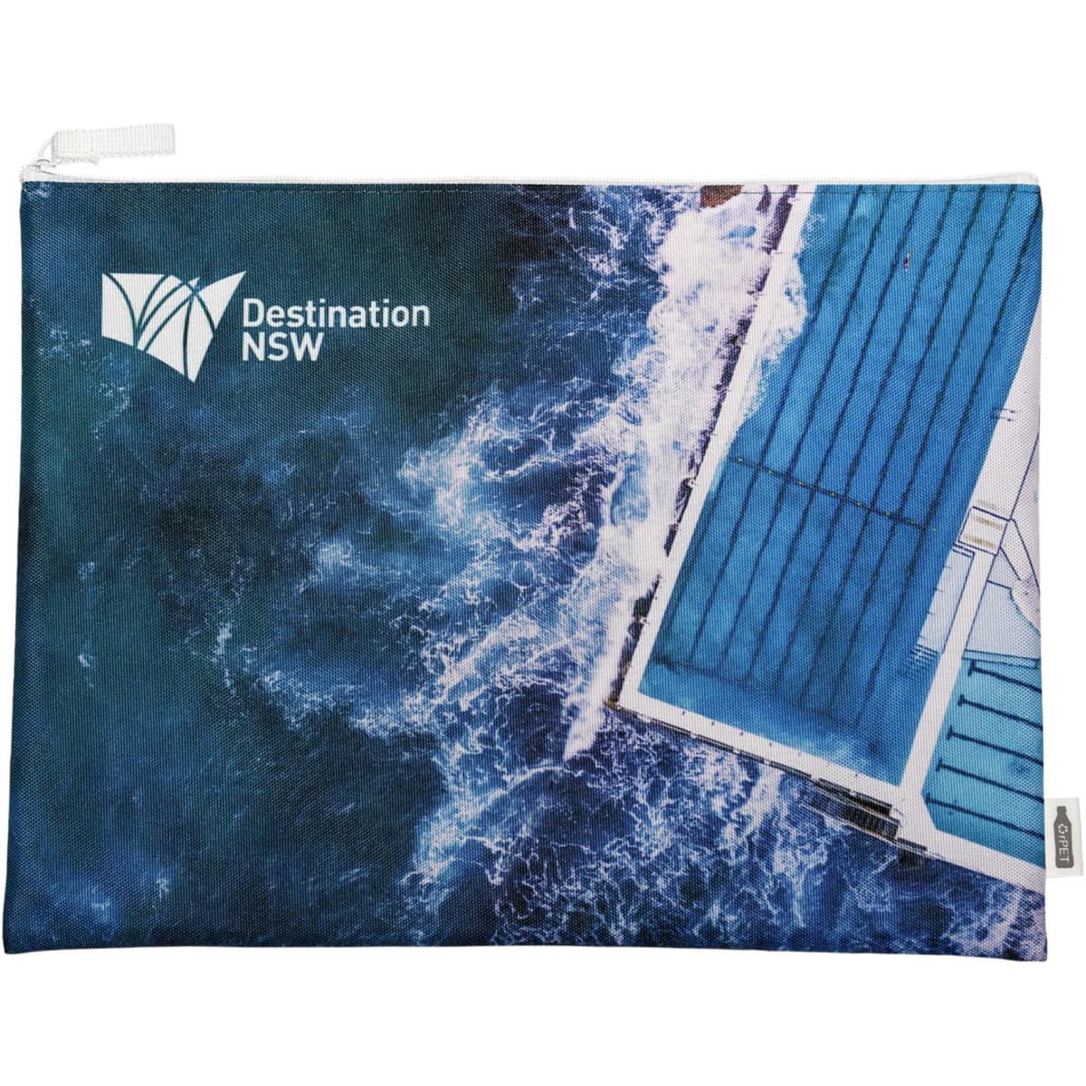 A promotional rPET conference bag featuring a blue ocean design with a logo and zip closure.