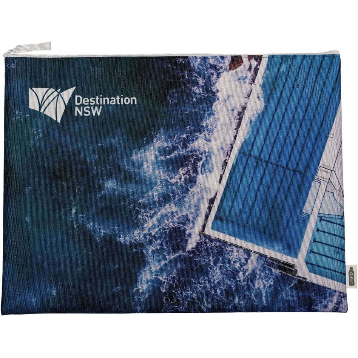 A zippered bag featuring a blue ocean wave design, with an aerial view of a swimming pool and a logo.