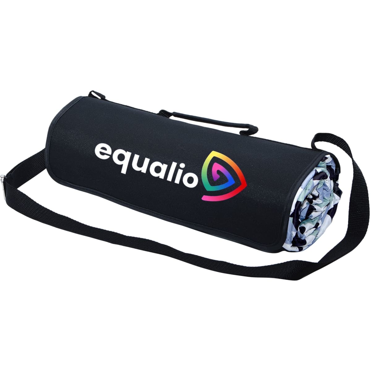 An extra-large picnic rug in a rolled, compact form, featuring a black outer layer and a colourful interior design.