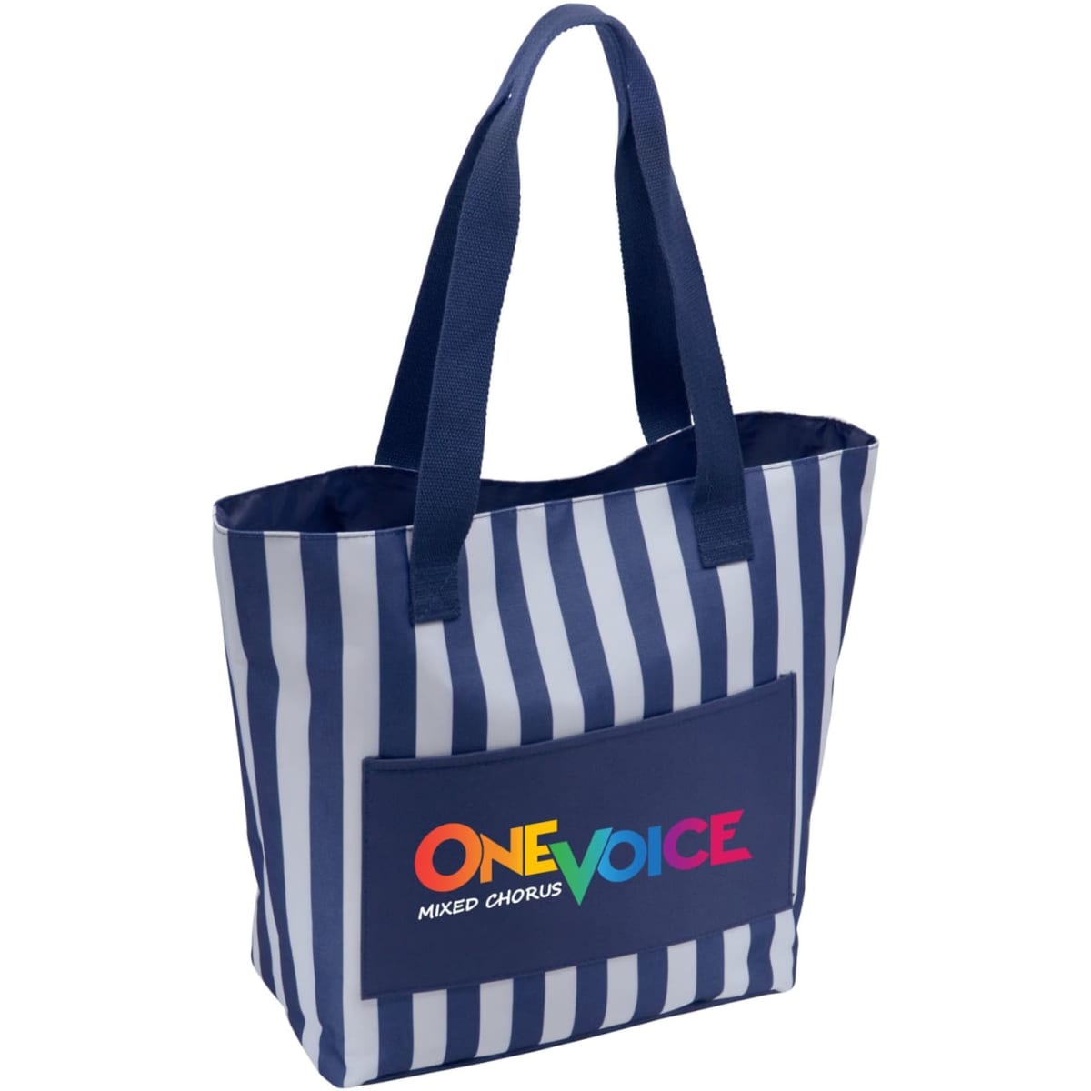 A navy and white striped tote bag with a pocket and a branded logo on the front.