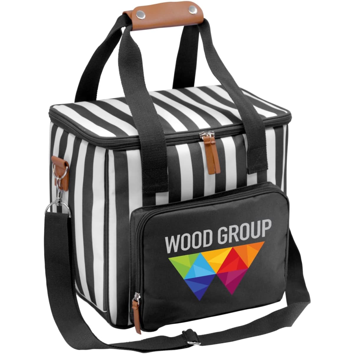 A black and white striped cooler bag with a front zip pocket and a logo. It features sturdy handles and a shoulder strap.