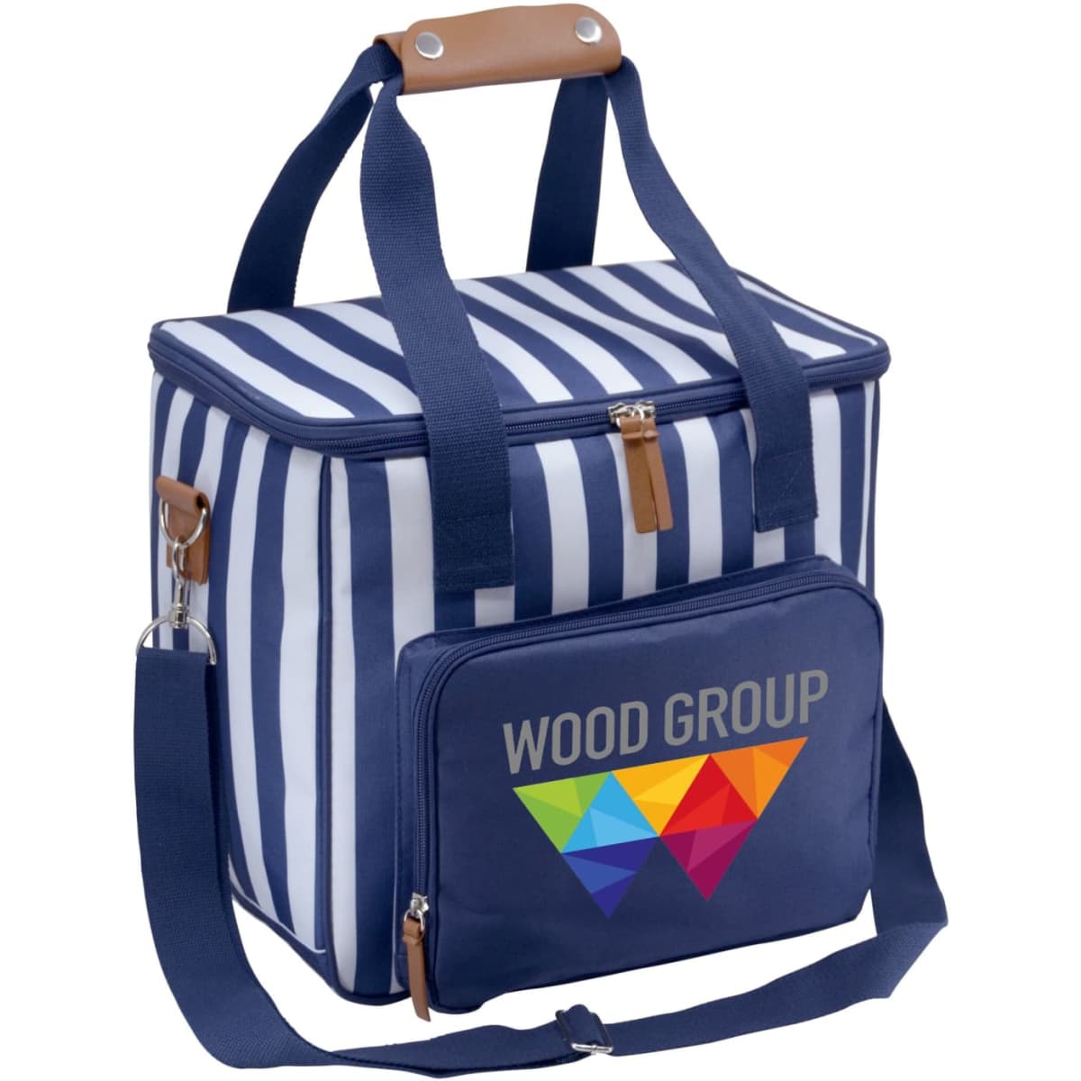 A navy cooler bag with white stripes, featuring a side pocket and a logo on the front.