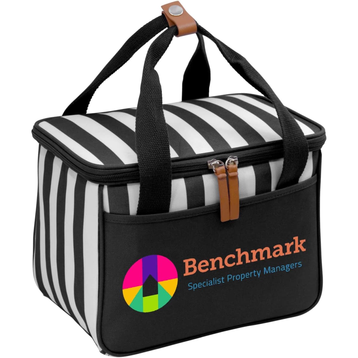 A black and white striped cooler bag with a branded logo and a leather accent on the handle.