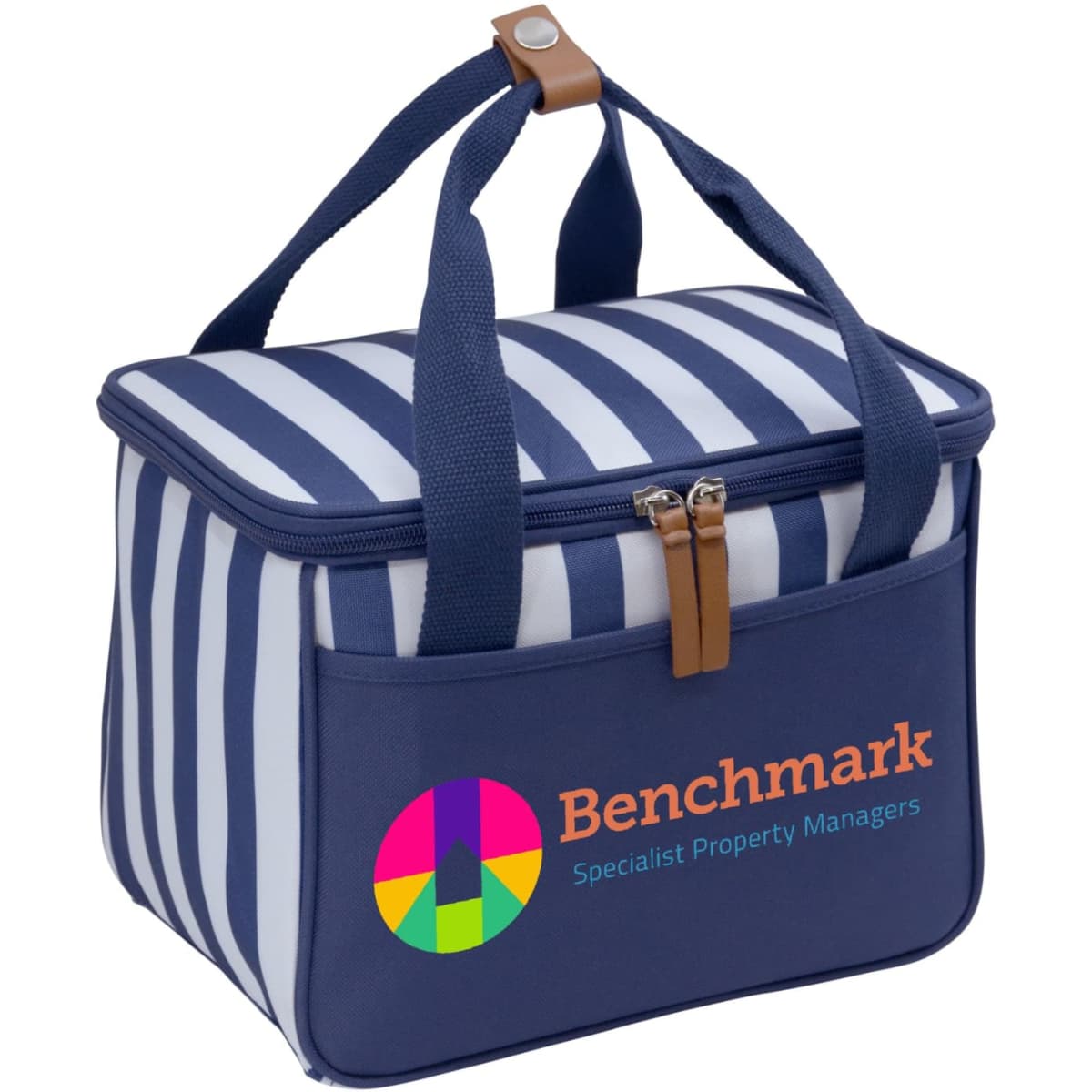 A navy cooler bag with white stripes, featuring a logo and two sturdy handles.