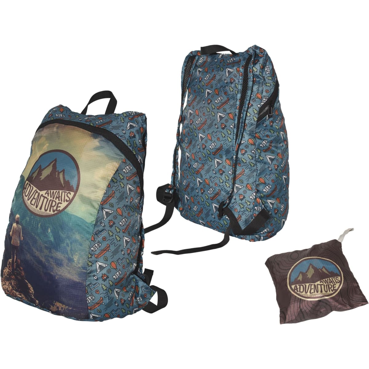A fold-up backpack in blue with a mountain design and a logo, featuring adjustable straps and a compact storage pouch.