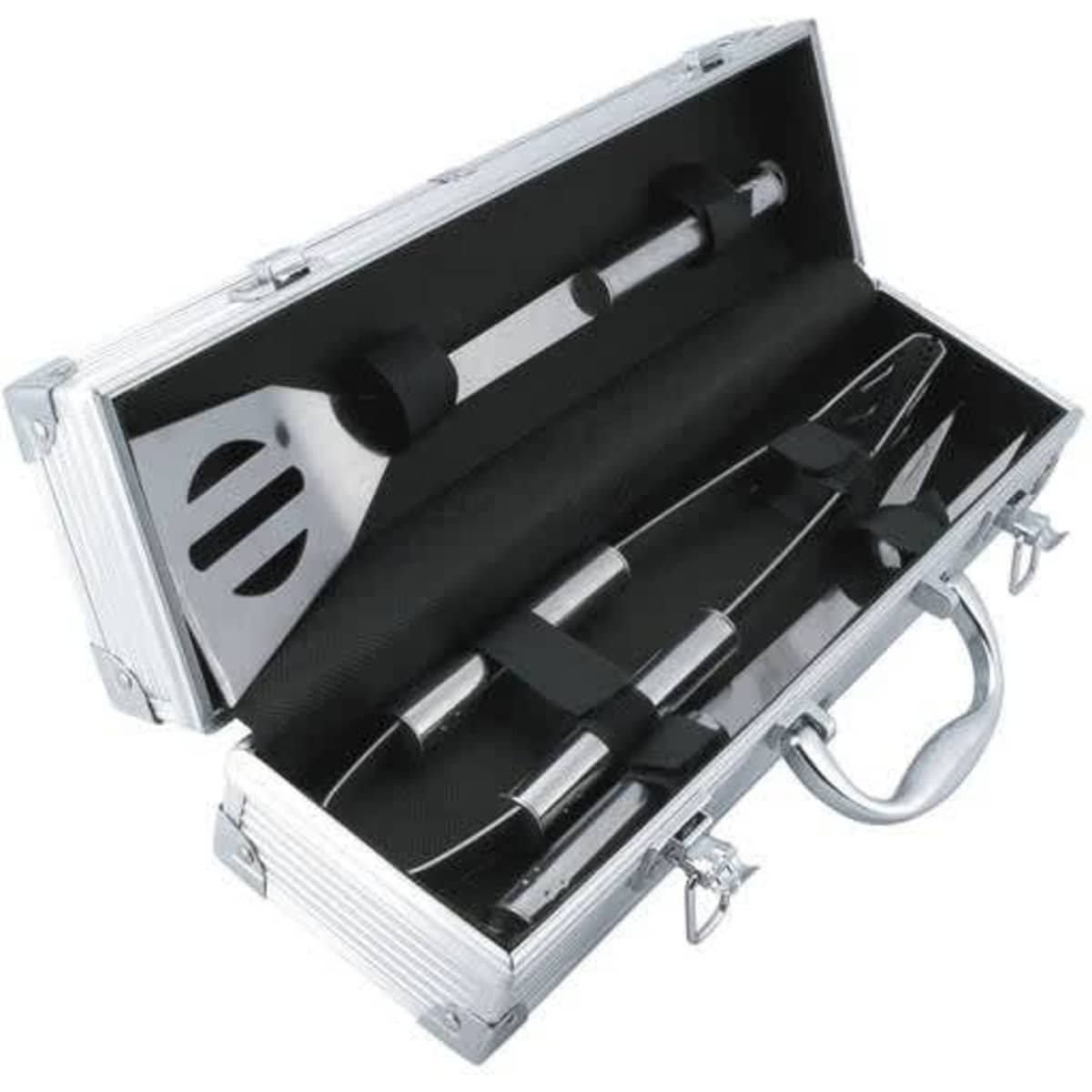 A BBQ set in a silver case, featuring a spatula, tongs, and a fork, with black accents.
