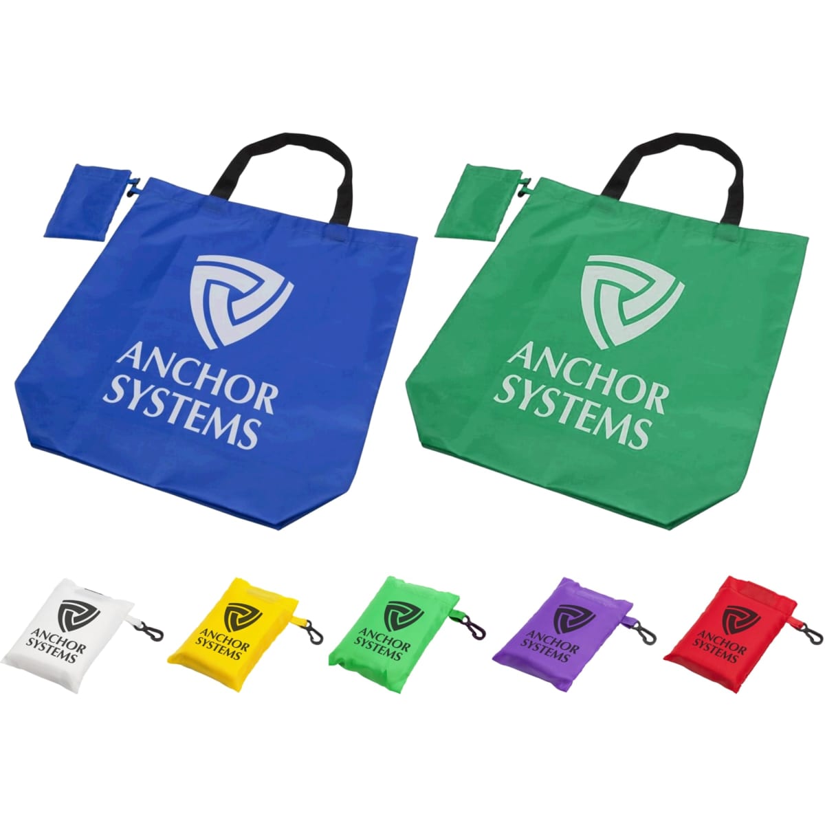 Two reusable grocery bags in blue and green, each with a logo, alongside various coloured pouches for storage.