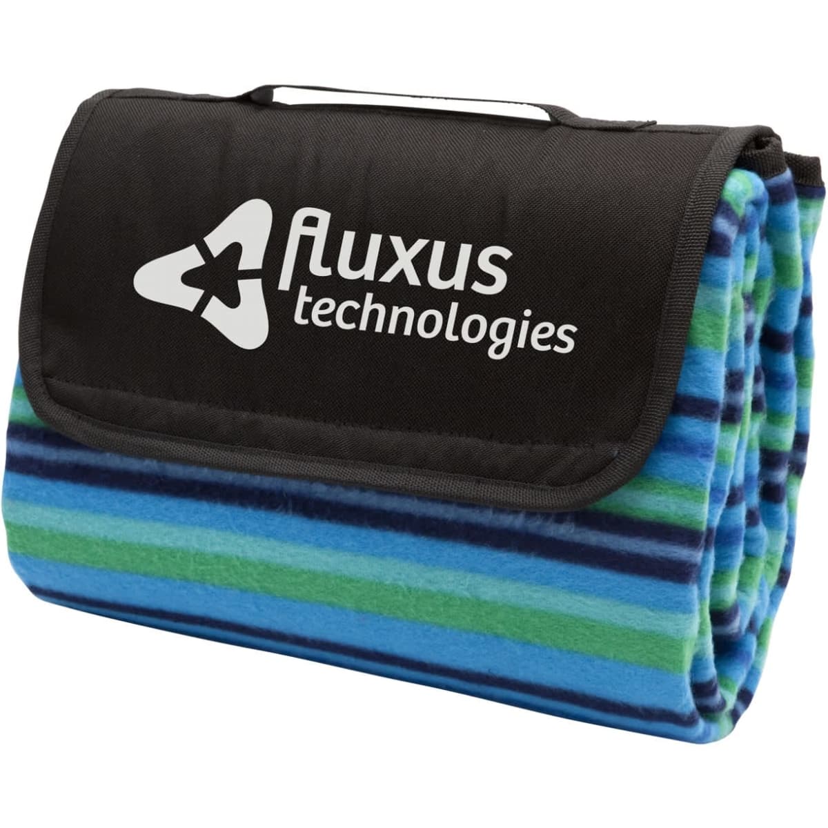 A folded picnic rug featuring blue, green, and black stripes with a branding logo.